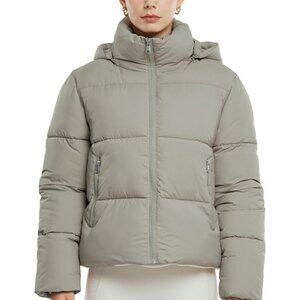 Women's Dark Taupe Cropped Puffer Jackets Warm Winter Jacket With Removable Hood